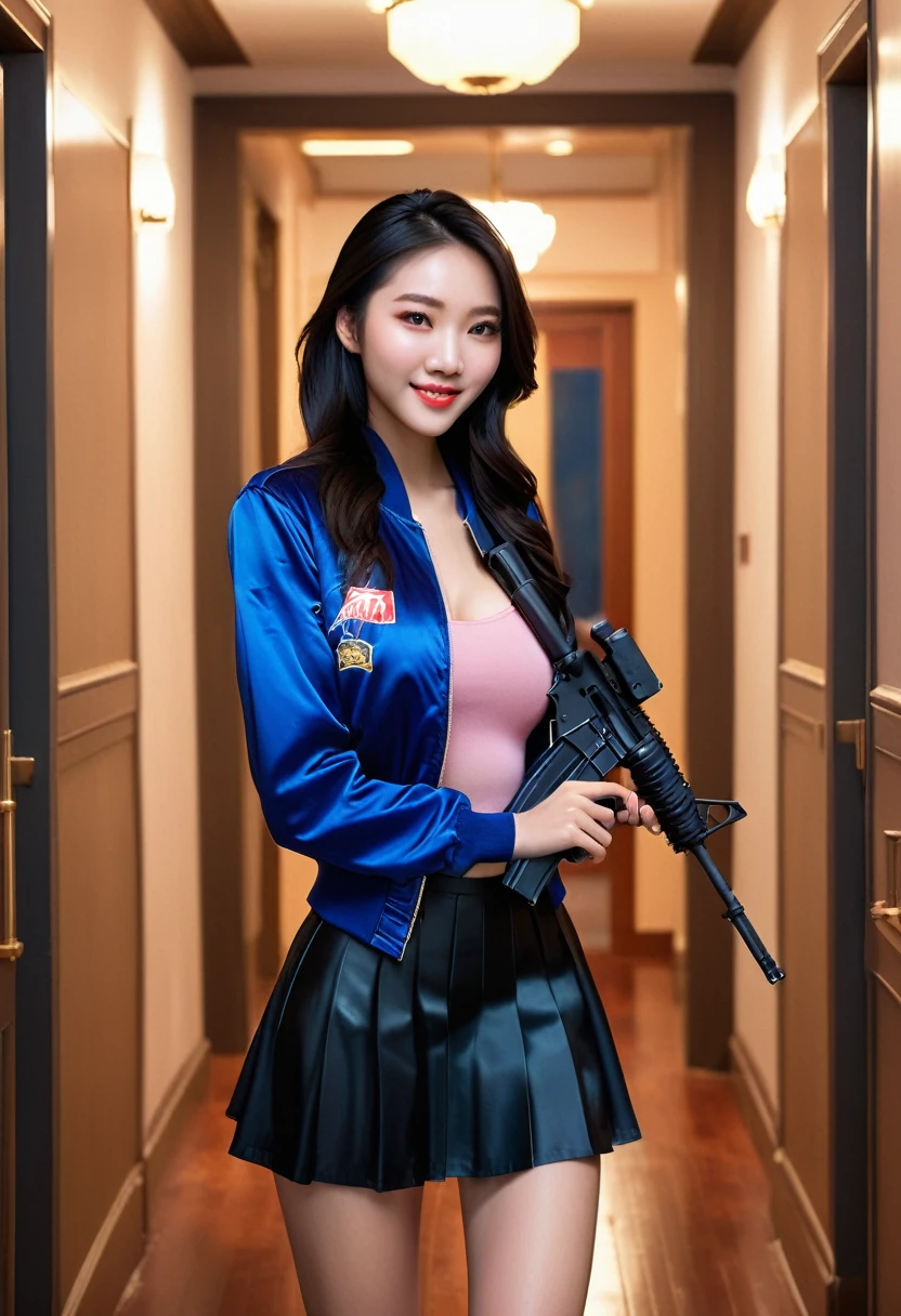 Half body photo, 1 beautiful Asian girl; coy smile, royal blue satin bomber jacket; (holding a m16 rifle in in her hands:1.4), m16 rifle black satin skirt,, long hair,wearing jewelry, natural makeup, extremely detailed eyes and face, lovely smile, delicate blush, sensuous lips, intricate facial details, perfect skin, flawless skin texture perfect, ; standing in a long hallway with many doors, evening lighting, vivid colors, , subtle , dreamy, luxurious atmosphere, low lighting; Super high quality, surreal, 8K, high resolution, masterpiece, detailed, extremely magical, professional cinematic lighting, , vibrant colors; Fine brushstrokes,ethereal vibe,mesmerizing gaze,dreamy atmosphere,blending elegance,subtle color gradients,,understated beauty. In the background several men lay unconscious on the hallway floor