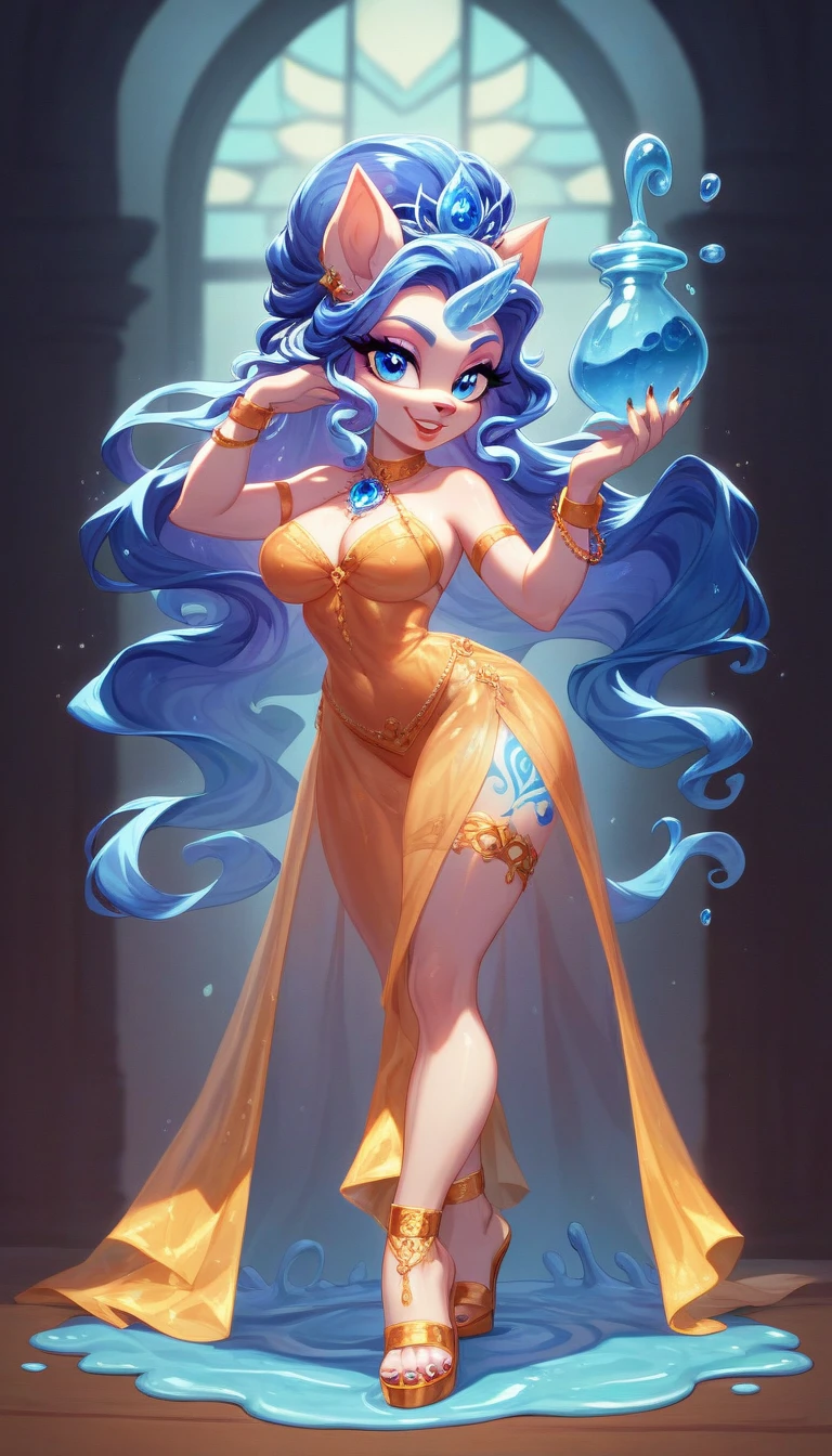 Houseki No Kuni-inspired, a magnificent (\"\*jelly anthropomorphic sapphire deity\*\") is meticulously depicted, its long, flowing, translucent (\"melting jelly sapphire hair\") shimmering with liquid radiance. Striking, shiny sapphire eyes sparkle with an otherworldly allure, while luxuriously parted ruby lips curve into a captivating smile. Clad in a jelly melting translucent dress adorned with gothic chains, this celestial being confidently dances amidst a dreamlike, fantastical sunny backdrop, the sunlight dancing off the jelly'