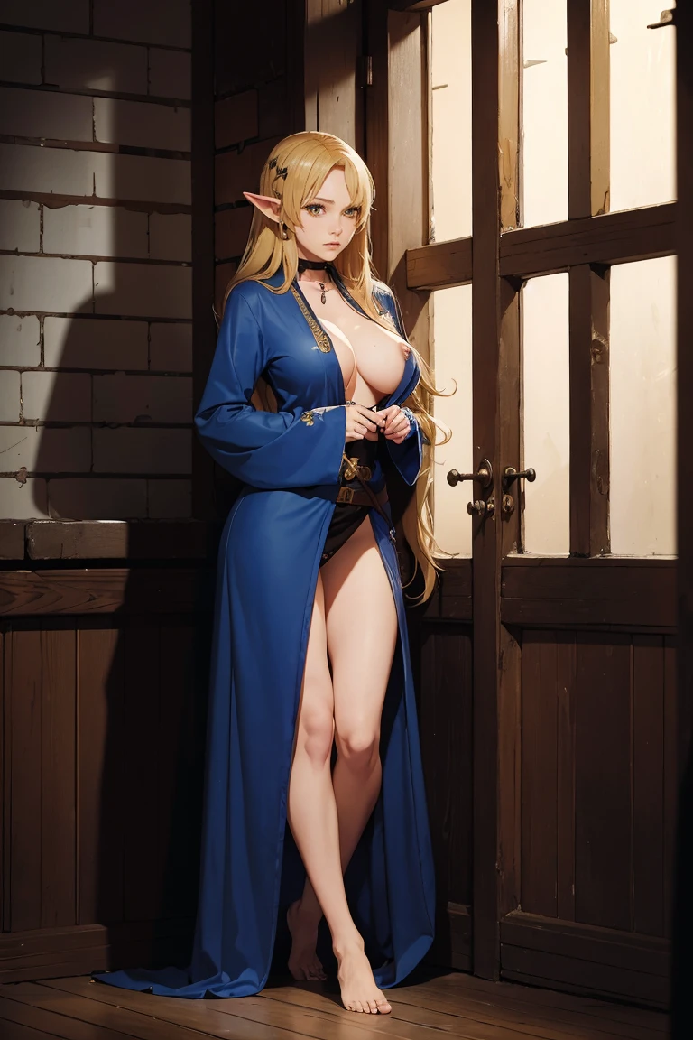 1woman(solo, prisoner, prison cell), aristocratic elf, dark skin, yellow eyes, long blonde hair, disheveled hair, , sexy, big tits, long legs, barefoot, lots of jewellery, blue aristocratic robe, torn clothes, prisoner, prison cell, prisoner, captive, rebellious face, hentai game, anime, best quality, masterpiece, maximum detail, high resolution
