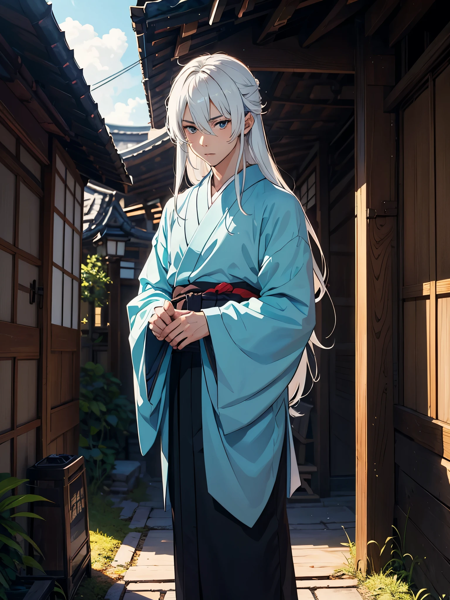 More anime. boy. tao. masculine. Boy. Long hair. White hair. Japanese Gate. Tori. kimono. . More anime. light blue light. Bright bright light.
