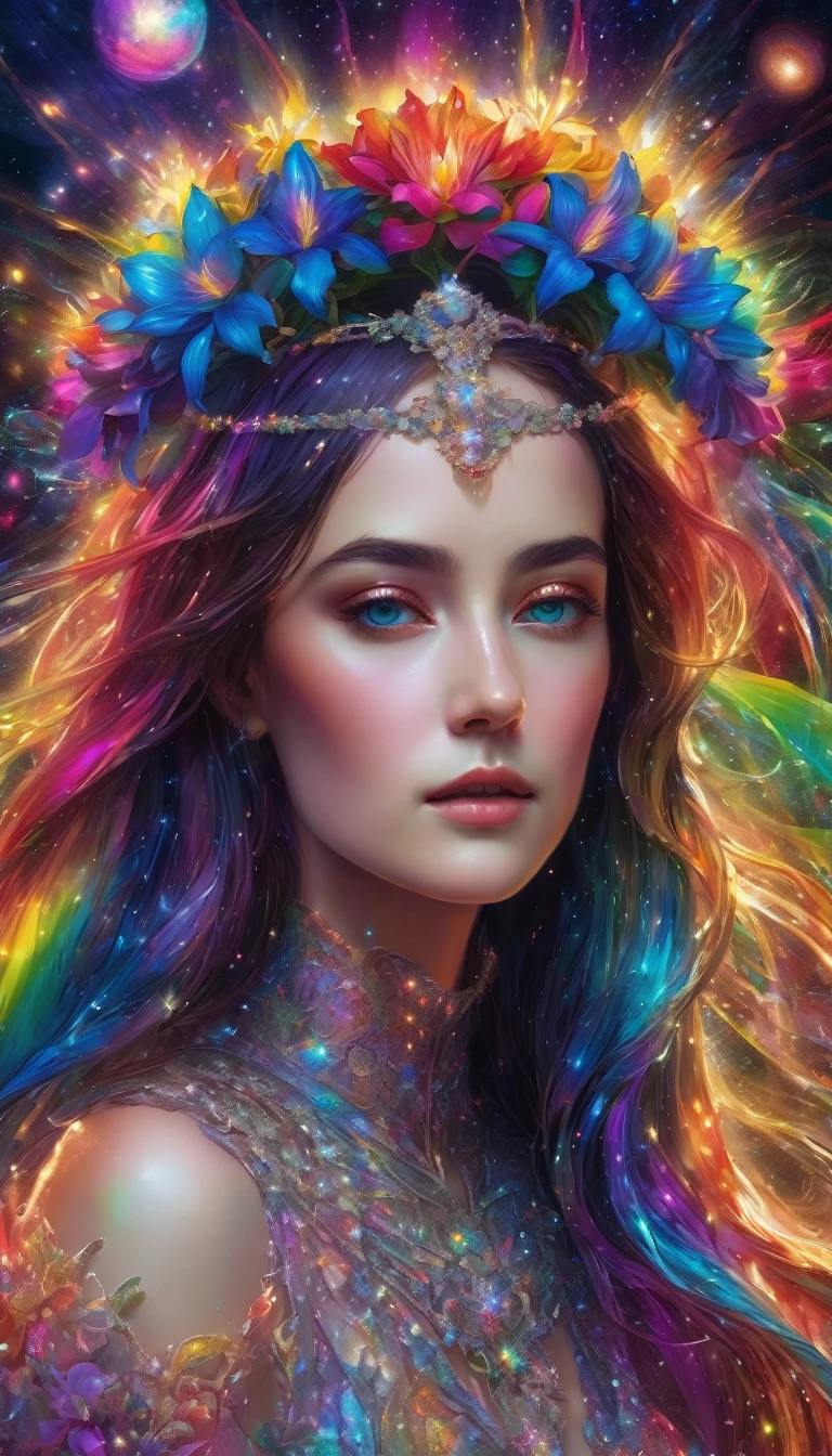 masterpiece, best quality, ultra high resolution, extremely detailed, (psychedelic art), woman, veil, visually stunning, beautiful perfect full body illustration, iridescent flower tiara, cosmic space background, ethereal atmosphere, ultra quality, girl cool, cosmic concept, Rainbow strings, Irises, Rainbow-colored threads, which grow from the darkness and intertwine, luminous room, bright stars, HDR.