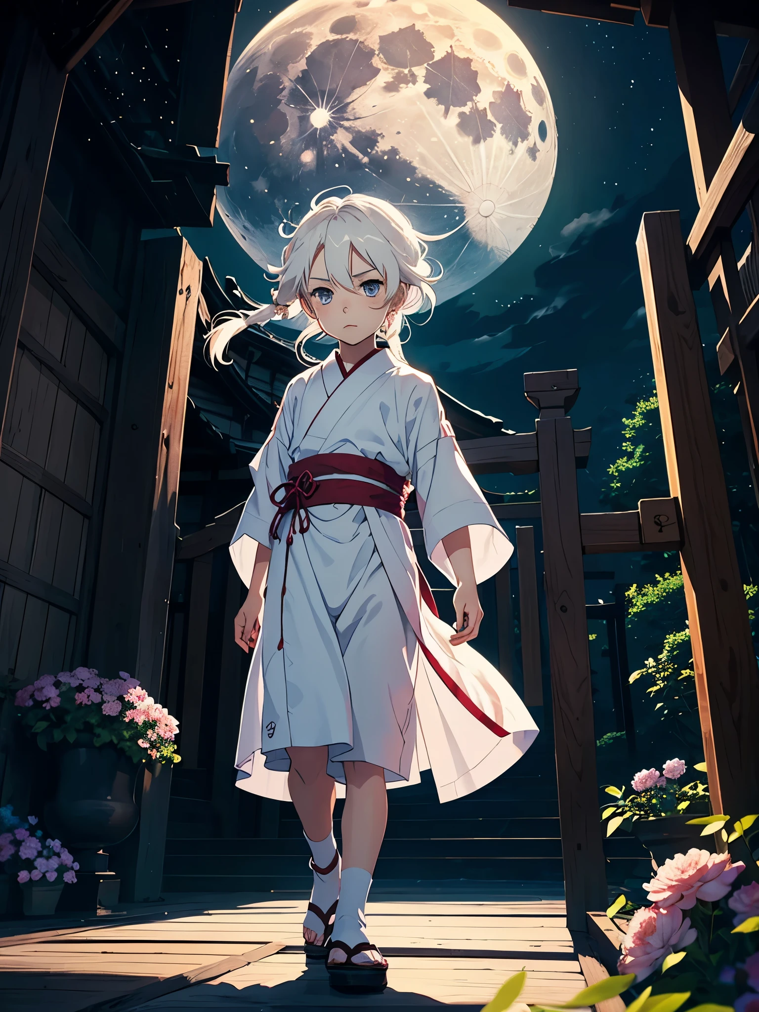 Noch mehr anime! Mehr anime. Little kid. masculine. tao. Boy. mystical. Japanese Gate. Tori Tor. Tsukiyomi. japanese clothes. God of the Moon. long white hair. traditional clothing. divine. full moon. Pink flowers.