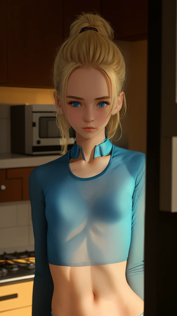 beautiful arafed woman in a blue see through shirt posing in a kitchen, tight shirt, vestindo tight shirt, blue tight tshirt, sexy girl, beautiful upper body, flat-chested, Anna Nikonova aka Newmilky, upper-body shot, yelena belova, blonde girl, buxom chested, Pretty Blonde, blonde goddess, low cut top, very pretty model
