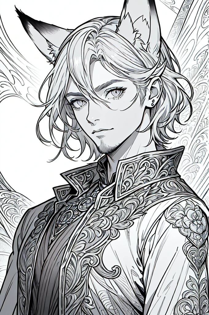 (masterpiece),(Very detailed),(Very detailed),(best quality), lineart, one man, fantasy character with fox ears, silver eyes, short red hair, ((portrait)) tall, stunning, fantasy, beautiful face, animated style, perfect face, highest detail, stubble, detailed face, clothes, intricate details, fantasy background, expressionless, solo,