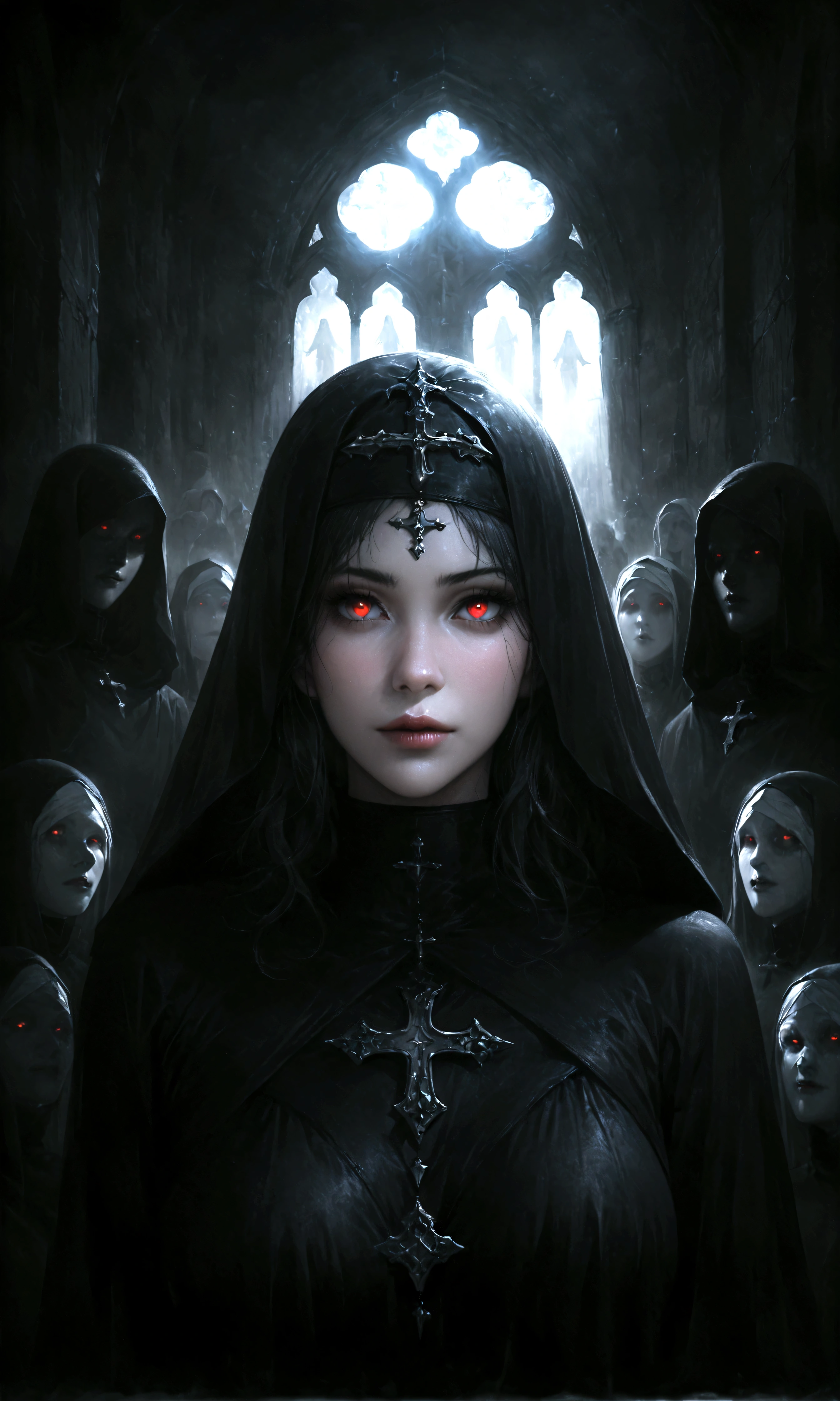 (high quality, Realistic, ultra detailed),blood nun,dark and gloomy atmosphere,old church with biblical windows,beautiful woman with piercing red eyes,1woman surrounded by ethereal spirits,eternal and deep darkness,penitent ghosts,group of humanoid spirits