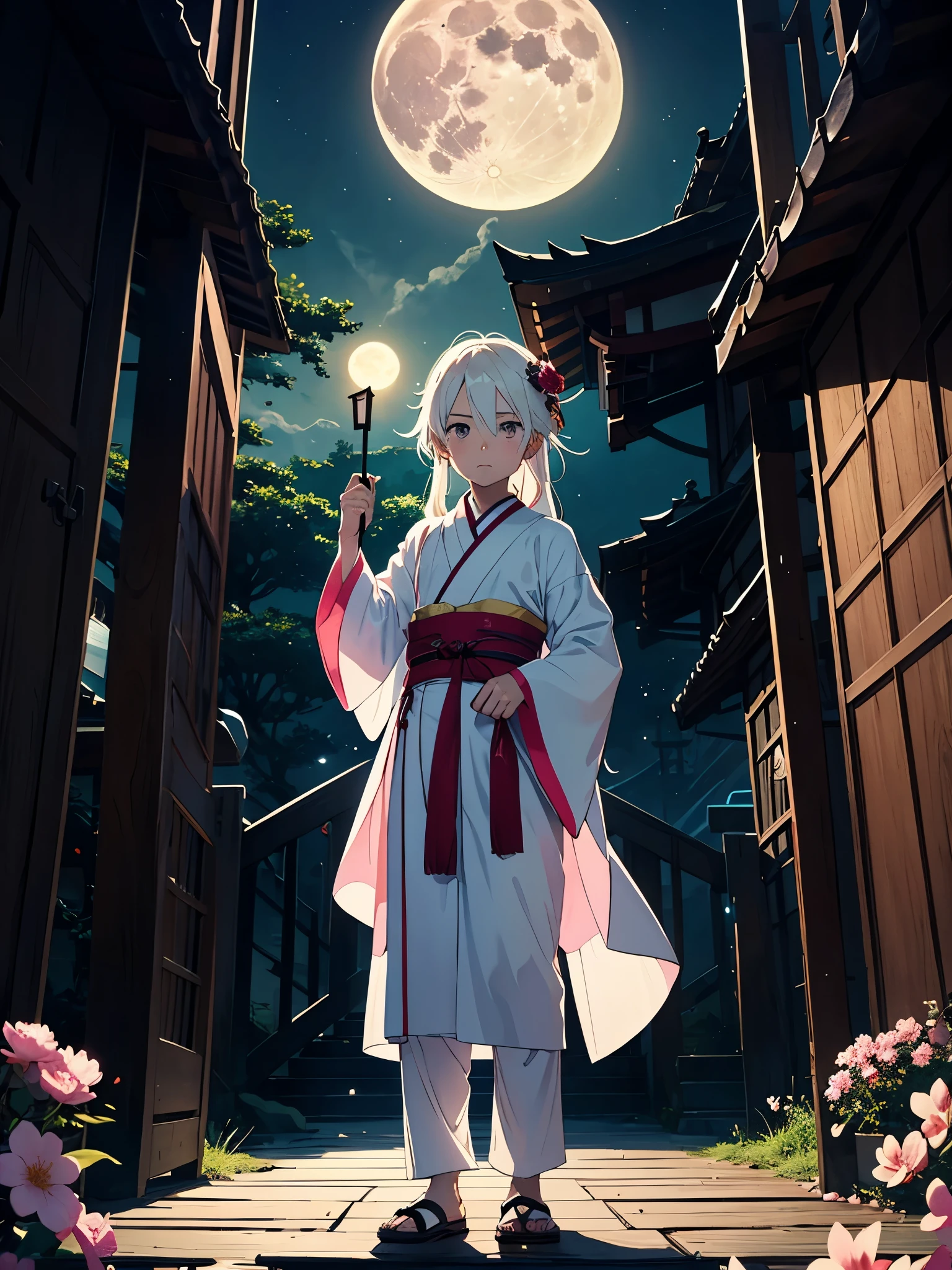 Noch mehr anime! Mehr anime. Little ???. masculine. tao. Boy. mystical. Japanese Gate. Tori Tor. Tsukiyomi. japanese clothes. God of the Moon. long white hair. traditional clothing. divine. full moon. Pink flowers.