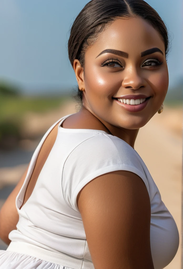 ((front view)), ((ultra high definition)), ((ultra high resolution)), ((full sharpness)), ((maximum quality)), ((Cinematic)), ((8k)), ((Angola Woman)), ((very chubby)), ((typical ethnicity)), ((extremely beautiful)), ((alone)), ((full body)), ((ultra detailed face)), ((ultra detailed eyes)), ((ultra realist eyes)), ((ultra detailed irises)), ((same irises)), ((perfect irises)), ((brown irises)), ((ultra delicate hands)), ((ultra detailed hands)), ((small hands)), ((ultra detailed fingers)), ((natural lighting)), ((malicious smile)), ((smooth skin)), ((totally ultra realistic)), ((repeat the same face)), ((always the same face)), ((repeat always the same face)), ((always the same body)), ((always the same proportions)), ((always the same clothes)), ((flat belly)), ((ultra thin waist)), ((huge hips)), ((very thick thighs)), ((looking at the camera)), ((wearing a white micro skirt and t-shirt)), ((nice body))