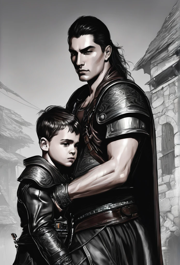 A warrior in leather clothes , holding a boy in your arms