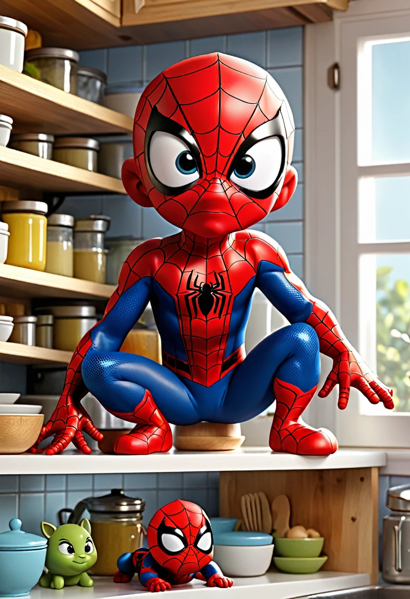   spiderman,  on top of a shelf, in the kitchen, 3D