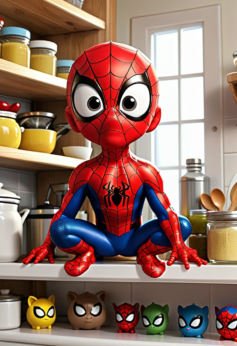 Baby  spiderman,  on top of a shelf, in the kitchen, 3D