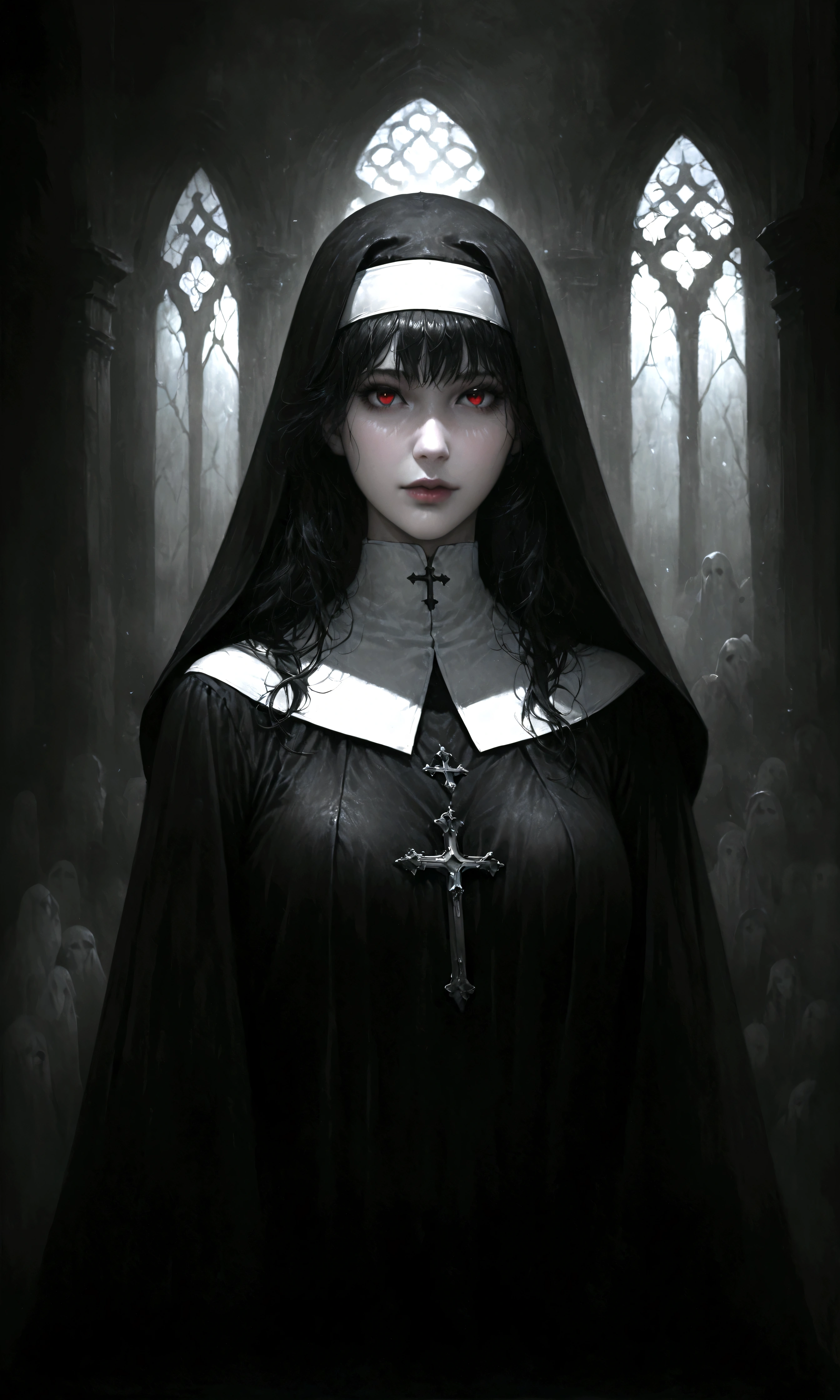 (high quality, Realistic, ultra detailed),blood nun,dark and gloomy atmosphere,old church with biblical windows,beautiful woman with piercing red eyes,1woman surrounded by ethereal spirits,eternal and deep darkness,penitent ghosts,group of humanoid spirits