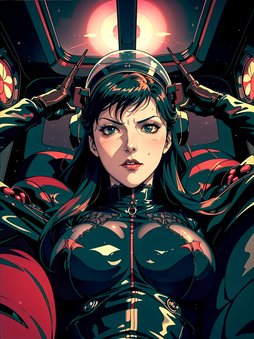 ((gothic vampire piloting in gothic spacecraft)), (((retro anime))), ((from below)), ((100 fov)), ((((gothic)) control panels)), (((mature))), (((gothic))), iridescent bodysuit, ((lace accessories)), ((pilot seat)), ((((lying back)) pose)), ((elegant)), (((serious tone))), ((cockpit top control panel)), intricate control panel details, (close-up), 1990s (style), masterpiece, ((claustrophobic)), best quality, screens, ((pilot helmet)), night, (colorful cockpit lights), sparkles, (serious face), [blushing], [sweat]