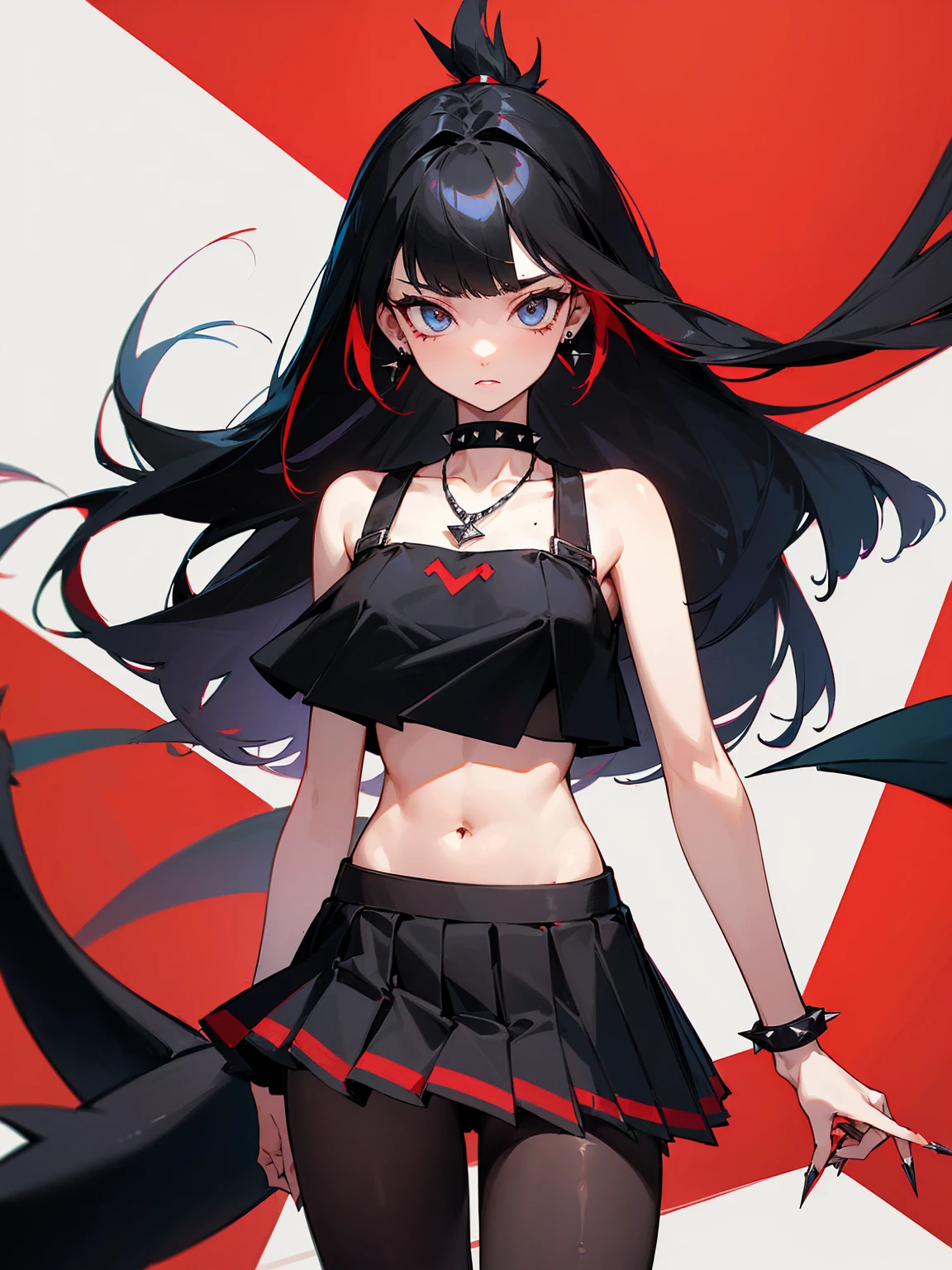 ((Long Straight Black hair)), Perfect face, Choker, Punk earrings, ((Tall)), ((High Quality)), Necklace, ((Mature)), Pretty Eyes, Sharp Nails, Bangs, ((1 Girl)), ((Multiple Earrings)), 1 girl, Spiky Earrings, Adult, Spiked Collar, Thin Eyelashes, Plain Background, Red Colors in Background, Shark Girl, Long Tail, Large Tail, Massive Tail, Shark Tail, ((Black Pleated Skirt With White Lines)), ((Loose Crop Top)), Close Up, Very Short Mini Skirt, Tall, Long Legs, Dynamic Pose, Black Tail, 2 moles under left eye, Wide Hips, Pantyhose, Vibrant Colors, Close Up,