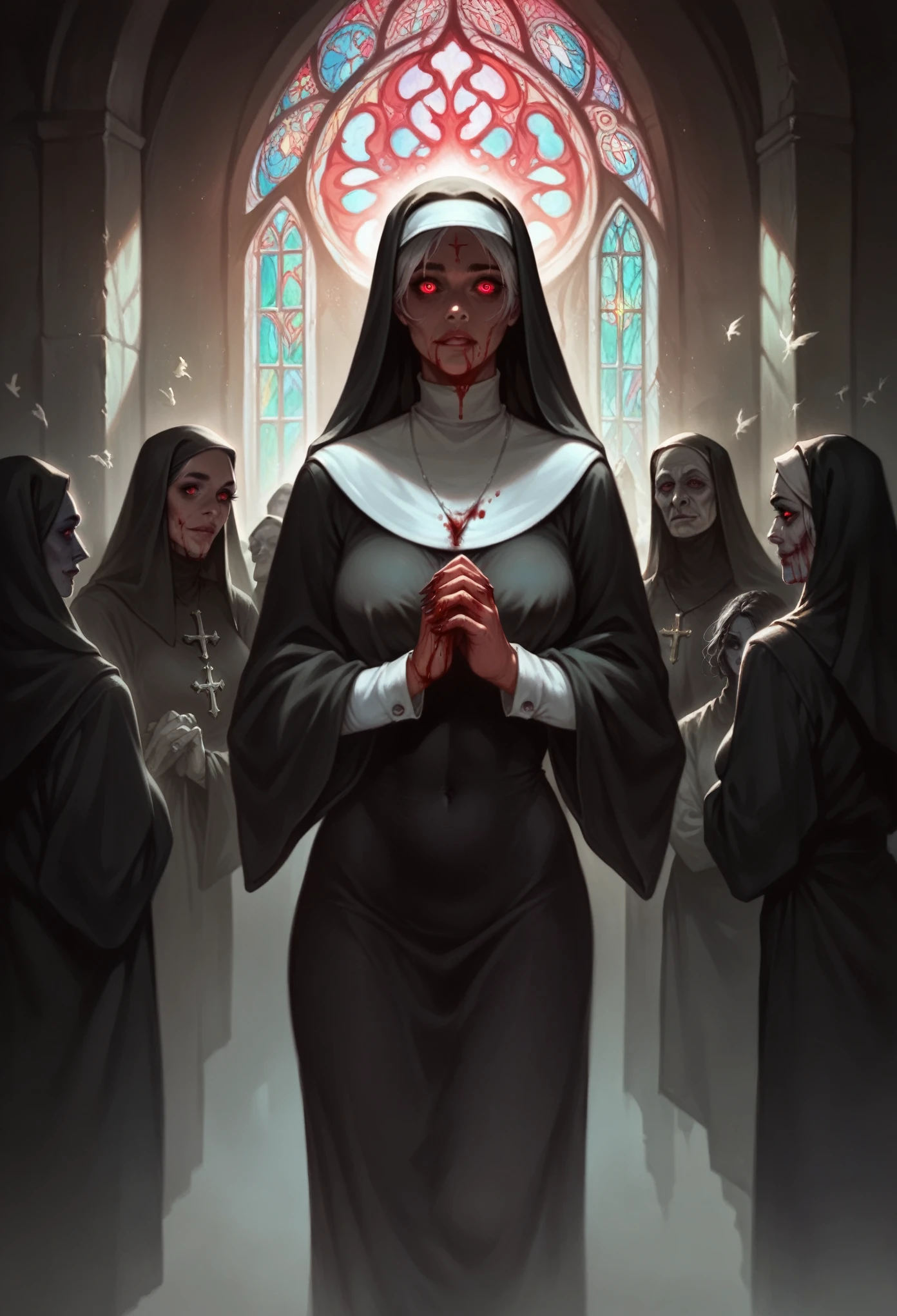 (high quality, Realistic, ultra detailed),blood nun,dark and gloomy atmosphere,old church with biblical windows,beautiful woman with piercing red eyes,1woman surrounded by ethereal spirits,eternal and deep darkness,penitent ghosts,group of humanoid spirits