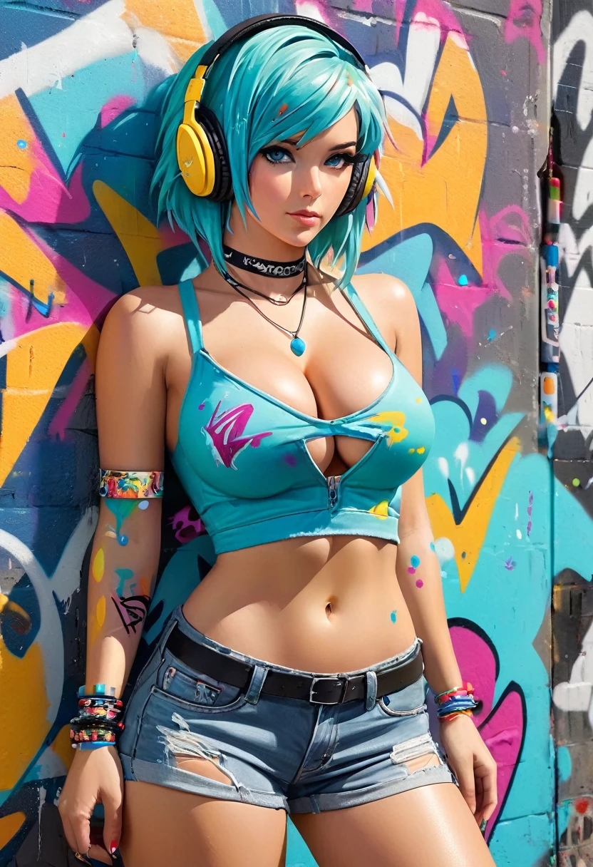 masterpiece, best quality, 1girl, solo, crop top, ((colossal cleavage:1.3)), denim shorts, choker, (graffiti:1.5), paint splatter, arms behind back, against wall, looking at viewer, armband, thigh strap, paint on body, head tilt, bored, multicolored hair, aqua eyes, headset, peepshow, greg rutkowski