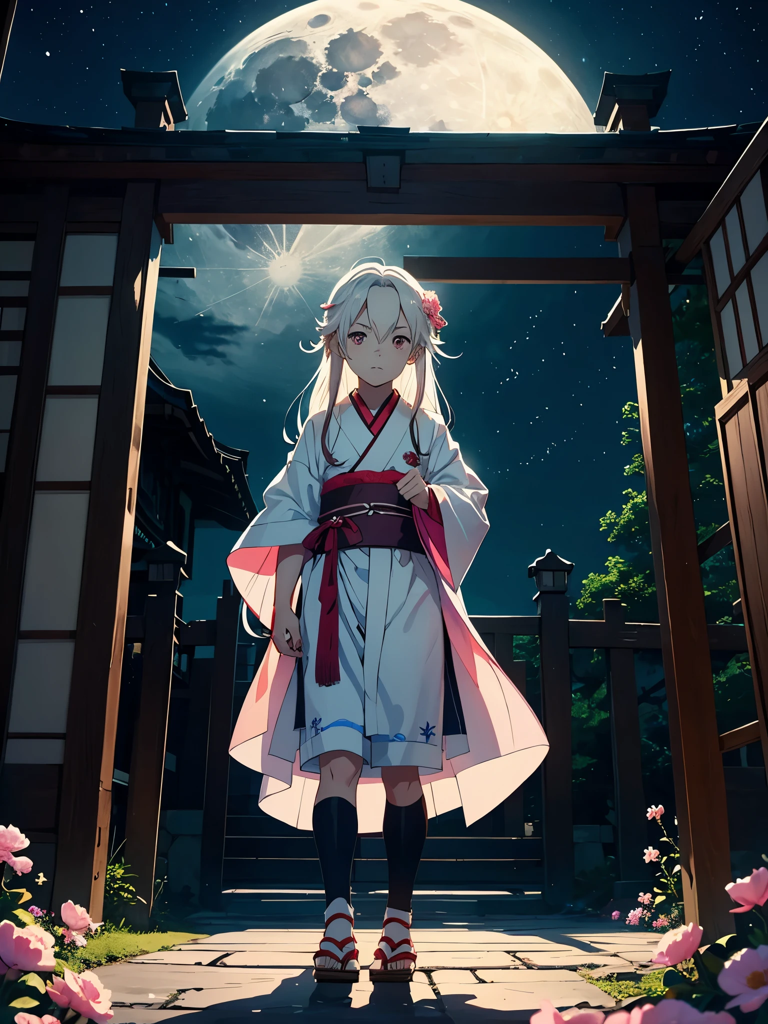 Noch mehr anime. Mehr anime. Little . masculine. tao. Boy. mystical. Japanese Gate. Tori Tor. Tsukiyomi. japanese clothes. God of the Moon. long white hair. traditional clothing. divine. full moon. Pink flowers.