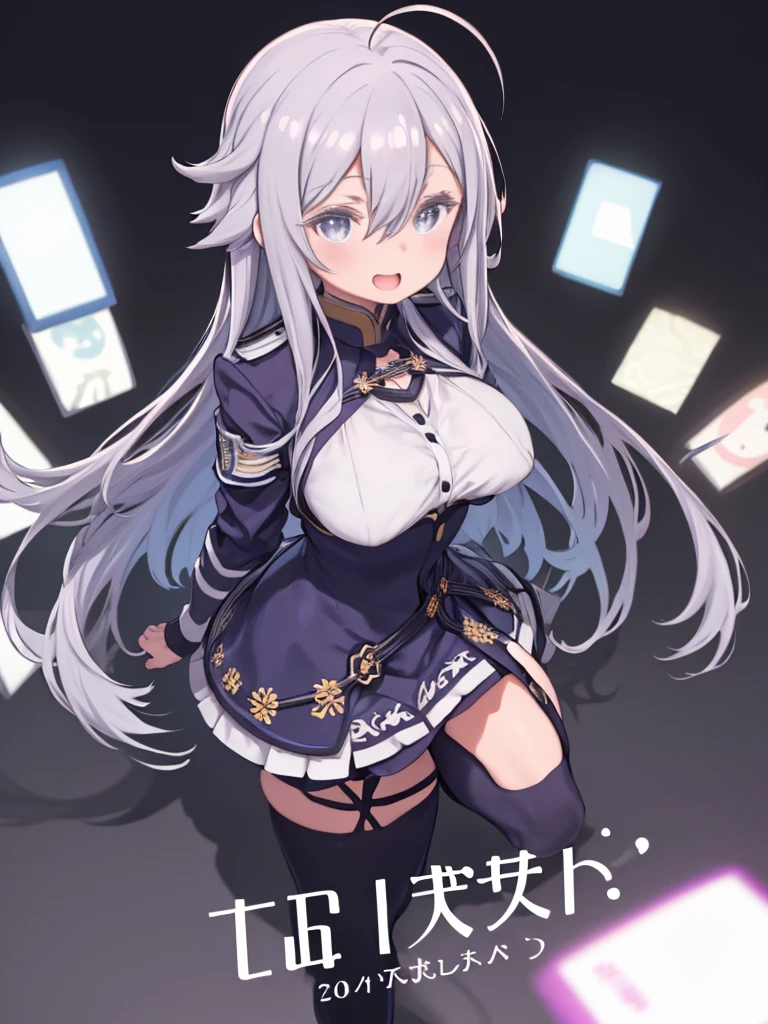 (Little、Littleキャラ、Nendoroid、four-headed body)、One Mature Woman、Grey Eyes、Grey Hair、Hair between the eyes、Long Hair、Ahoge、(Big Breasts)、Huge breasts、 Blue jacket、Blue Skirt、uniform 、White knee socks、White shirt, Watching the audience、laughing、、Are standing、