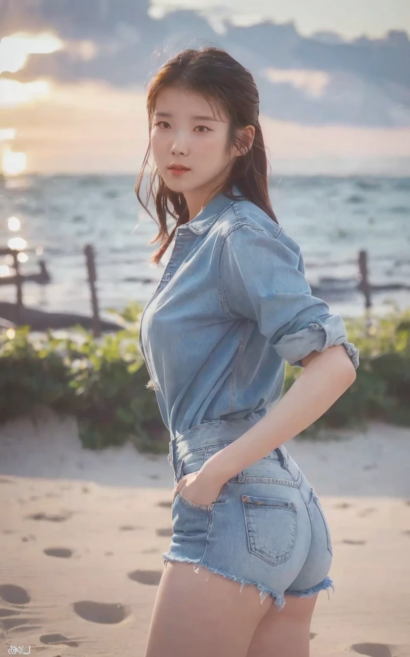 a woman in denim shorts posing on the beach at sunset, bae suzy, sun yunjoo, heonhwa choe, jaeyeon nam, hot with shining sun, hwang se - on, casual pose, lee ji-eun, lee ji - eun, gorgeous young korean woman, korean girl, beautiful young korean woman, korean women's fashion model, sakimichan, IU