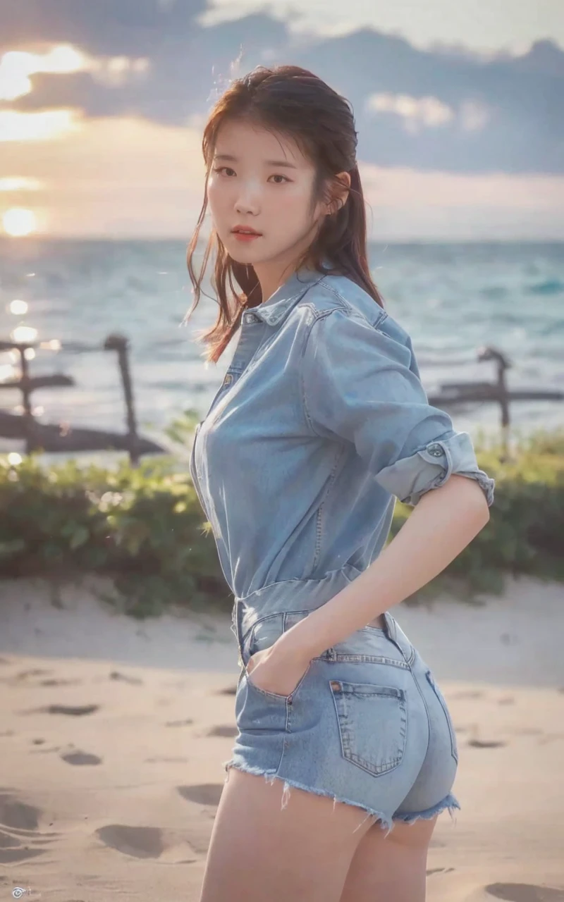 a woman in denim shorts posing on the beach at sunset, bae suzy, sun yunjoo, heonhwa choe, jaeyeon nam, hot with shining sun, hwang se - on, casual pose, lee ji-eun, lee ji - eun, gorgeous young korean woman, korean girl, beautiful young korean woman, korean women's fashion model, sakimichan, IU 