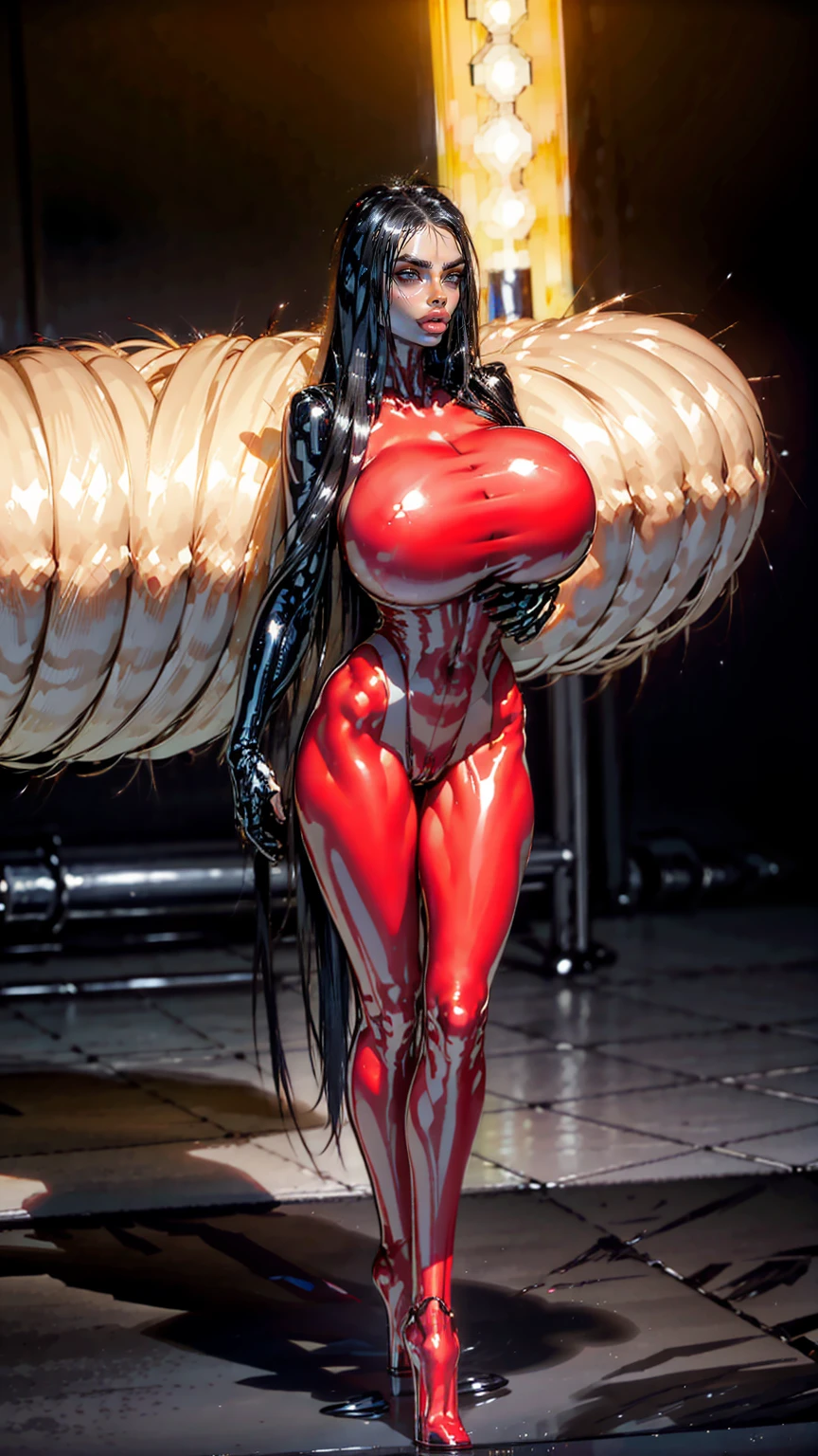 (beautiful girl:1.25), (megan fox:1.25), (large fake breasts:1.45), (young bodybuilder girl wearing cybernetic muscle suit:1.25), carnage muscular physique, seductive face, mouth wide open carnage style, long red hair, perfect muscular body, super skinny legs, sissy, femboy, (full body view:1.25),