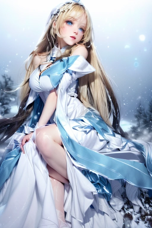 ((picture-perfect)), ((face perfect)), ((ultra detaild)), ((fully body)), ((perfectbody)), a woman in a long dress sitting on a snow-covered ground, Eyes red, long hair blonde, white and blue robes, priestess