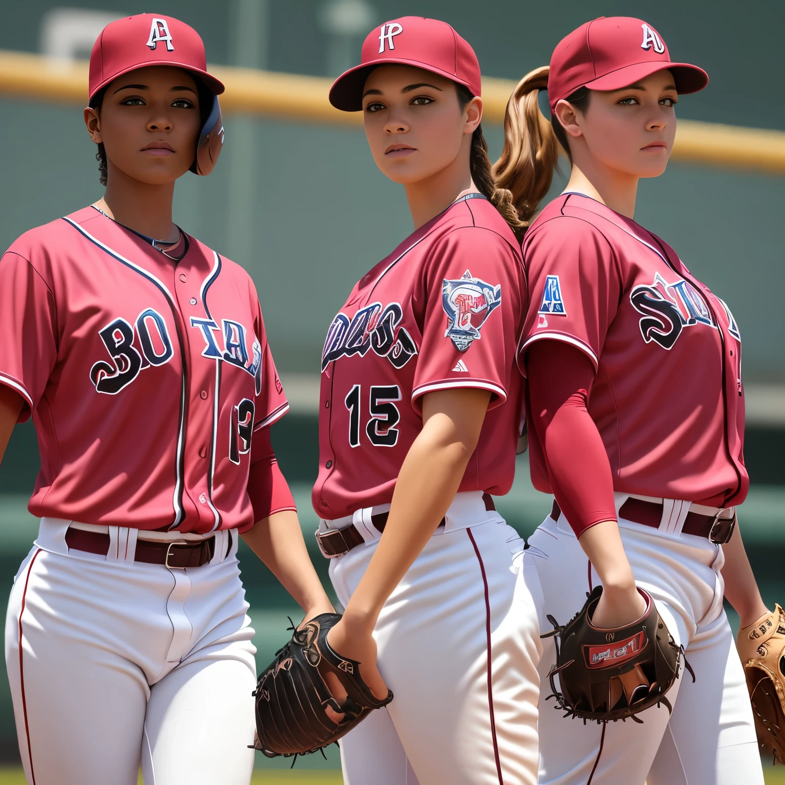 masterpiece, best quality, high resolution, realistic, detailed, baseball players, female players, pink uniforms, A League of Their Own, 
