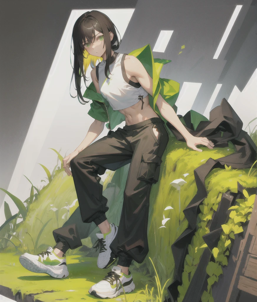 a boy, shoulder length hair, straight and dark hair, dark of black ethnicity, wearing a black yk2 crop top, moss green cargo pants, green and white Jordan sneakers.