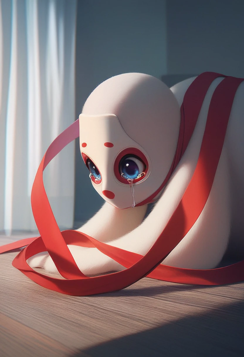 gangle, solo, blue eyes, ribbon, indoors, tears, blurry, red ribbon, no humans, mask, crying, curtains, female, full body, source, black eyes,