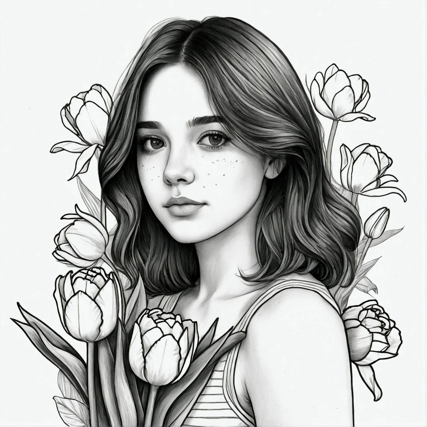 a portrait of a beautiful woman, sun dress, defined black lines, 1 girl, only, water, hugging tulips, simple background, White background, monochrome, arte linear, ((outline)),((high qualiy, work of art:1.4)), 1 girl, ((trunk)), Sketch of body portrait amidst roses , messy drawing, messy coal stains, outline inacabado, sketchbook charcoal style drawing of a woman, sketchbook drawing, sketchbook, cute hair, medium short hair, gorgeous face, symmetrical facial, symmetrical eyes, ((paper material background)), realistic coal lines, imperfect drawing, coal crumbs, coal lines, Imperfection, Fade outline, outline sQueratogray (Eddymauro Mix)