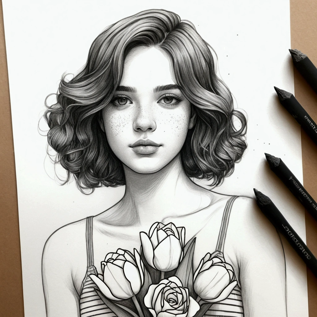 a portrait of a beautiful woman,  sun dress,  defined black lines, 1 girl, only, water,  hugging tulips, simple background, White background, monochrome, arte linear, ((outline)),((high qualiy, work of art:1.4)), 1 girl, ((trunk)), Sketch of body portrait amidst roses , messy drawing, messy coal stains, outline inacabado, sketchbook charcoal style drawing of a woman, sketchbook drawing, sketchbook, cute hair, medium short hair, gorgeous face, symmetrical facial, symmetrical eyes, ((paper material background)), realistic coal lines, imperfect drawing, coal crumbs, coal lines, Imperfection, Fade outline, outline sQueratogray (Eddymauro Mix)