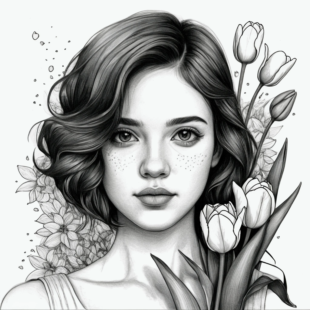 a portrait of a beautiful woman, sun dress, defined black lines, 1 girl, only, water, hugging tulips, simple background, White background, monochrome, arte linear, ((outline)),((high qualiy, work of art:1.4)), 1 girl, ((trunk)), Sketch of body portrait amidst roses , messy drawing, messy coal stains, outline inacabado, sketchbook charcoal style drawing of a woman, sketchbook drawing, sketchbook, cute hair, medium short hair, gorgeous face, symmetrical facial, symmetrical eyes, ((paper material background)), realistic coal lines, imperfect drawing, coal crumbs, coal lines, Imperfection, Fade outline, outline sQueratogray (Eddymauro Mix)