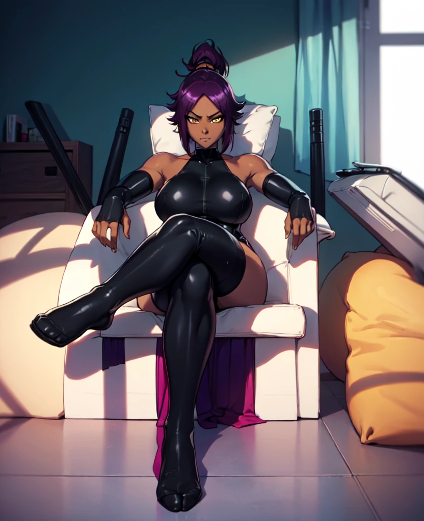 1girl, sofa, sitting, legs crossed, bodysuit, black bodysuit, bare arms, bare shoulders, (large breasts:1.2), yoruichi shihouin, dark skin, dark-skinned female, ponytail, purple hair, yellow eyes, (black leotard:1.4), thighhighs, full body, ((Leg Crossing ))