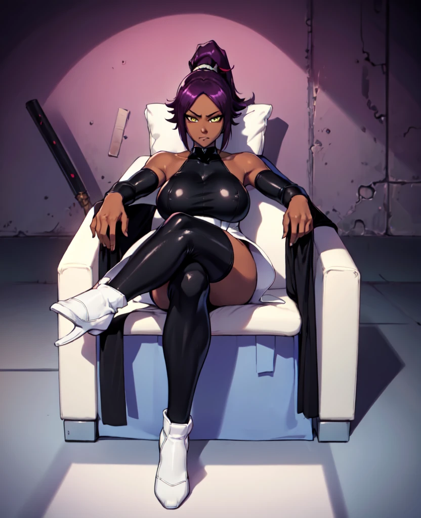 1girl, sofa, sitting, legs crossed, bodysuit, black bodysuit, bare arms, bare shoulders, (large breasts:1.2), yoruichi shihouin, dark skin, dark-skinned female, ponytail, purple hair, yellow eyes, (black leotard:1.4), thighhighs, full body, ((Leg Crossing ))