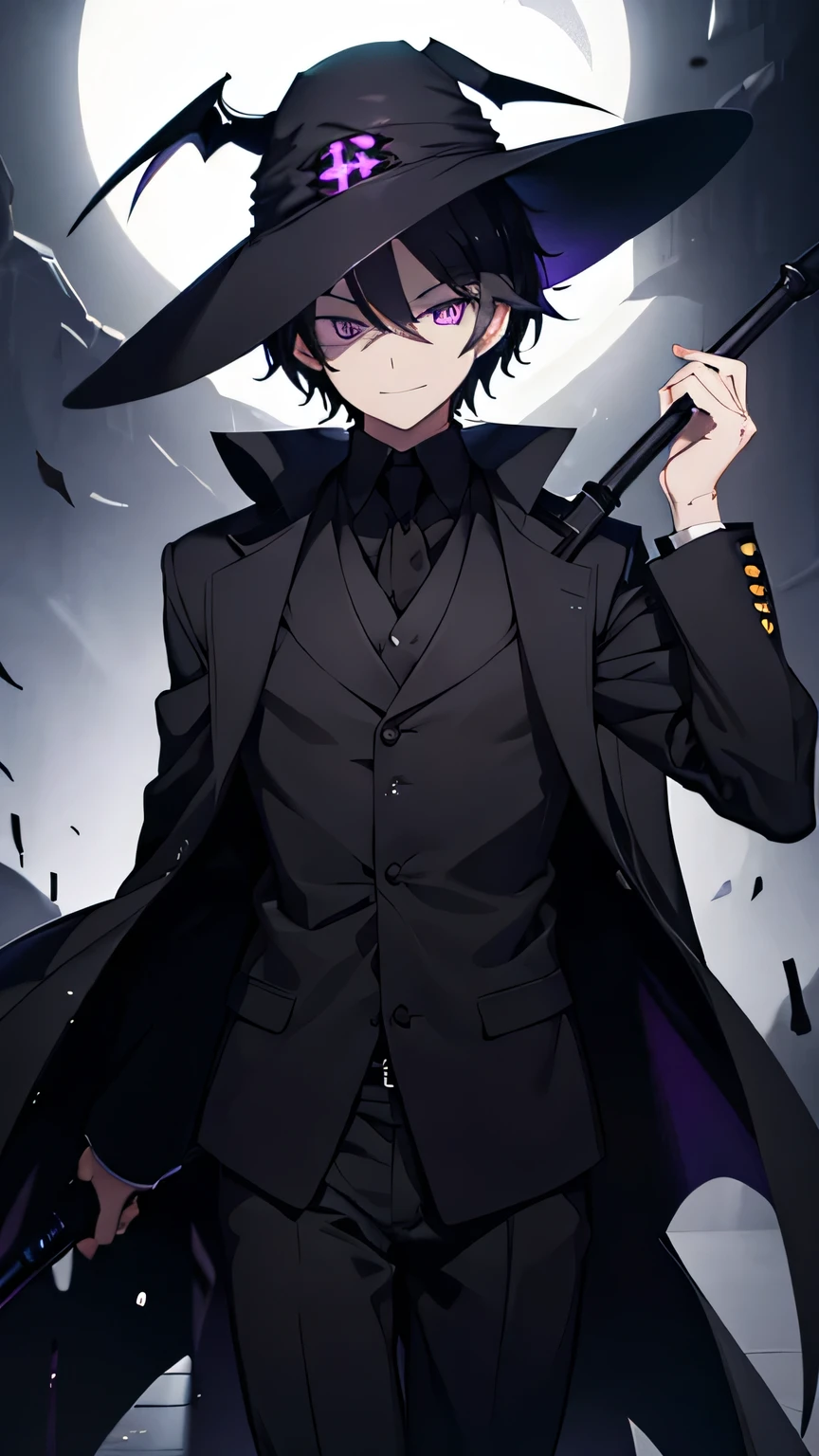 1man, short hair, (black hair), white hair, (purple eyes), yellow eyes, (heter ochromia), suit, night, ((grim reaper)), evil smile, darkness, Shadow, dark background, hat