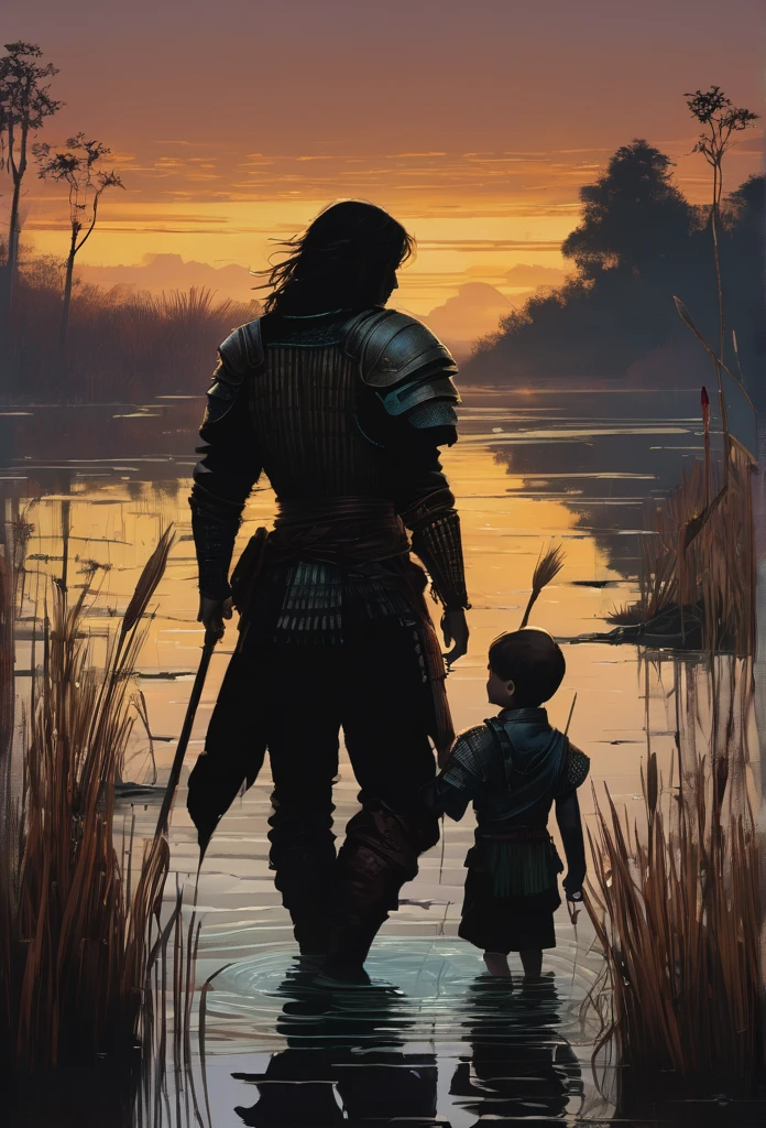 A warrior in leather clothes , holding a boy in your arms , the setting is a dark swamp covered in reeds