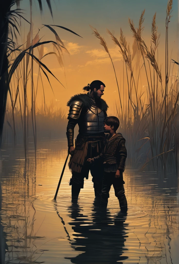 A warrior in leather clothes , holding a boy in your arms , the setting is a dark swamp covered in reeds