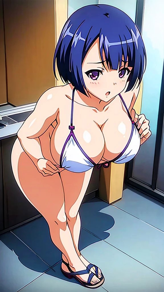 Butt, attractive thighs , Akira Makino, Oni chichi, Short hair, blue Hair, purple eyes, hands on ass, ( full body), bikini, milk on body, milk in the ass