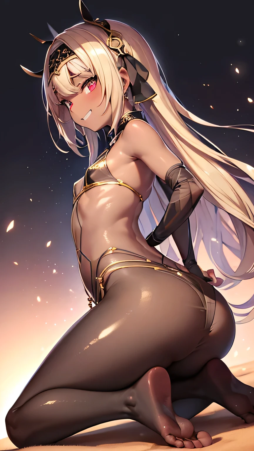 1girl, Angle from below:1.8, The girl bends forward to show off her breasts、legs apart, (Blade), (Tanned shiny black skin:1.6)、Glowing Eyes, ((Sexy evil grin)), ( girl), blondes、Twin tails、forehead、Small breasts, hat, ((((arabian clothes, see-through)), (headband), (Areola Slip), small breasts, (jewelry)))、desert, ((sahara))、foot, ((foot))、(Put your hands behind your head)、arm pits, (Ass), (foot), Ass, (squat)、front, dagger、((footjob)), 