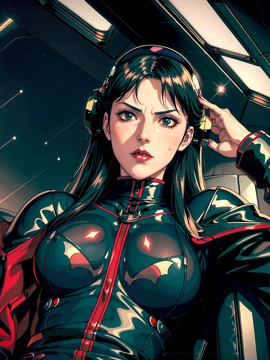 ((gothic vampire piloting in gothic spacecraft)), (((retro anime))), ((from below)), ((100 fov)), ((((gothic)) control panels)), (((mature))), (((gothic))), iridescent bodysuit, ((lace accessories)), ((pilot seat)), ((((lying back)) pose)), ((elegant)), (((serious tone))), ((cockpit top control panel)), intricate control panel details, (close-up), 1990s (style), masterpiece, ((claustrophobic)), best quality, screens, ((pilot helmet)), night, (colorful cockpit lights), sparkles, (serious face), [blushing], [sweat]