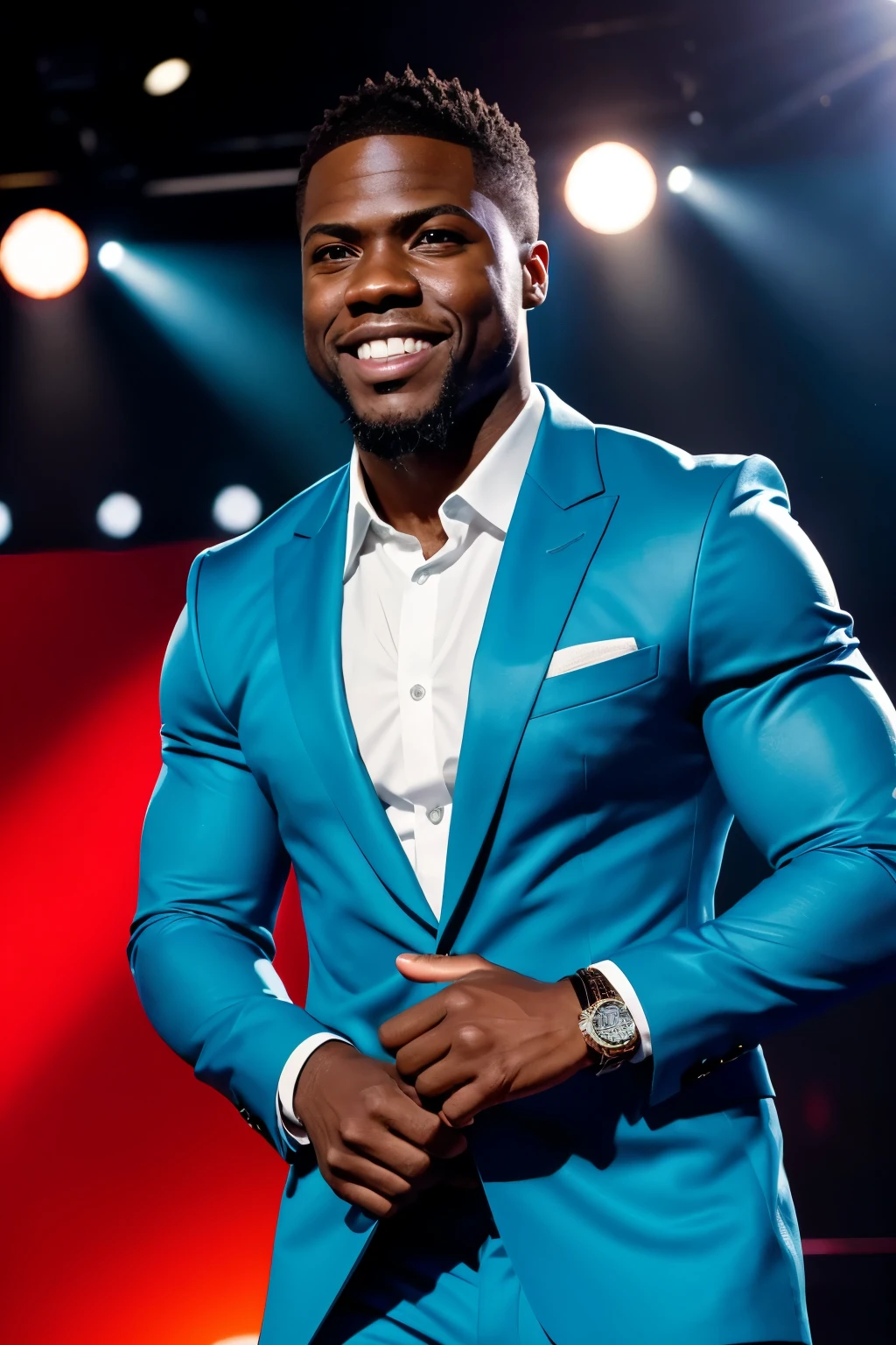 Create a vibrant, cartoon-style portrait of Kevin Hart. The character should be depicted with a wide, engaging smile and expressive eyes that radiate energy and charisma. He should be dressed in a stylish, bright blue blazer over a crisp white shirt, embodying his distinctive flair. The background should be a simplified comedy club scene, with a spotlight illuminating him and a blurred impression of an audience in the background, emphasizing his star presence on stage. The art style should be exaggerated and lively, using bold colors and clear, dynamic lines to convey a cartoonish and energetic feel.
