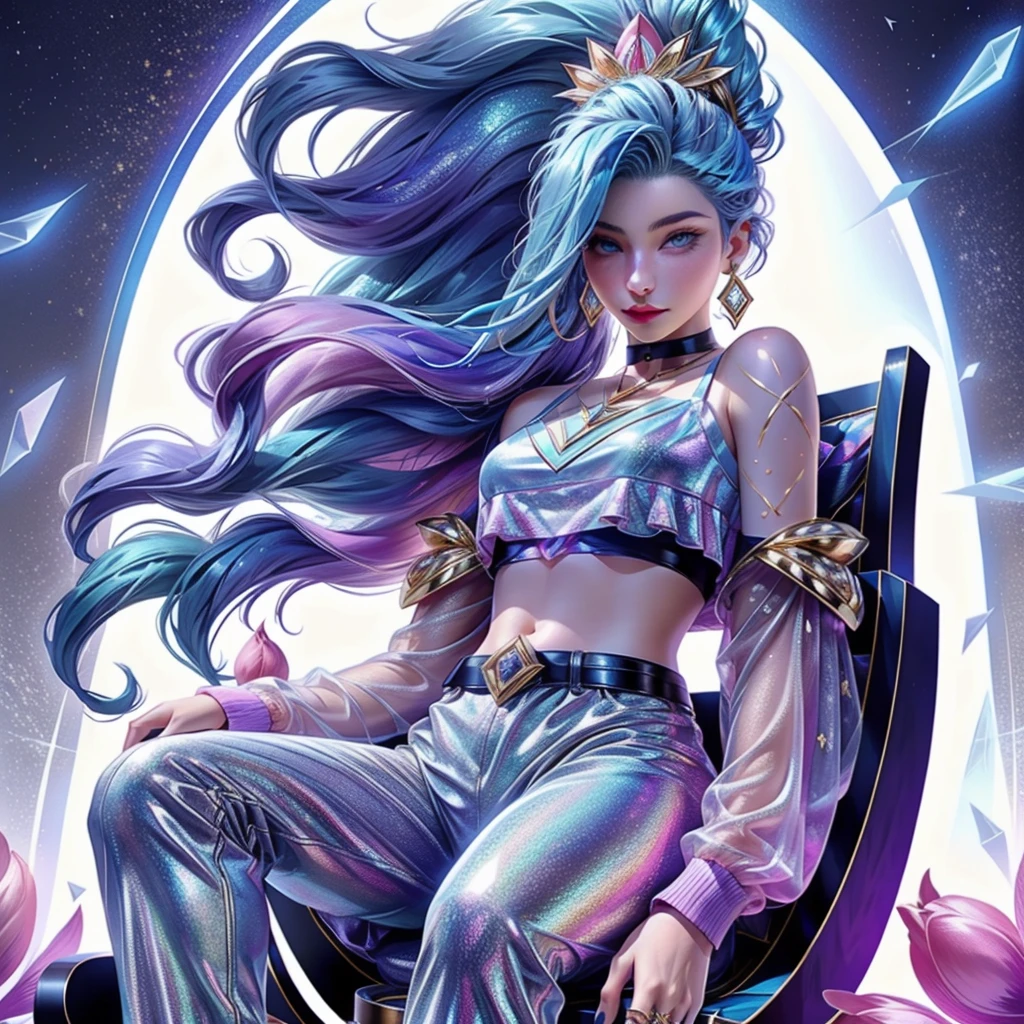 (Masterpiece), (best quality), (Very detailed),(messy hair),(illustration), (man), (fashion clothes), stand, fashion model, look at viewer, (interview), (พื้นหลังที่smoothง่าย),Beautifully detailed eyes, delicate beautiful face, floating,(high saturation),(colorful splashes),colorful bubbles,(shine), Focus on the face, ponytail, Kamisato Ayaka, light blue hair, smooth, hair ring, floating flowers, Floating feathers, (shine), best light, best shadow,sitting on the throne