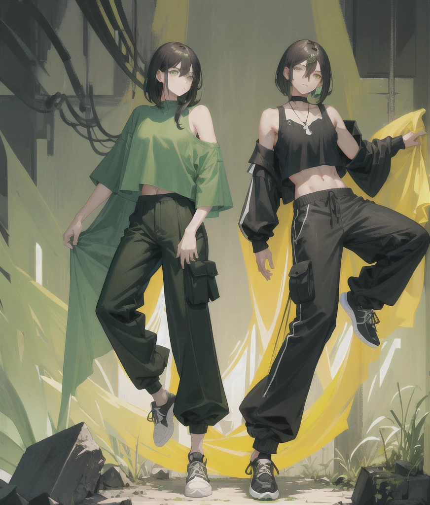 a boy, shoulder length hair, straight and dark hair, dark of black ethnicity, wearing a black yk2 crop top, moss green cargo pants, green and white Jordan sneakers.