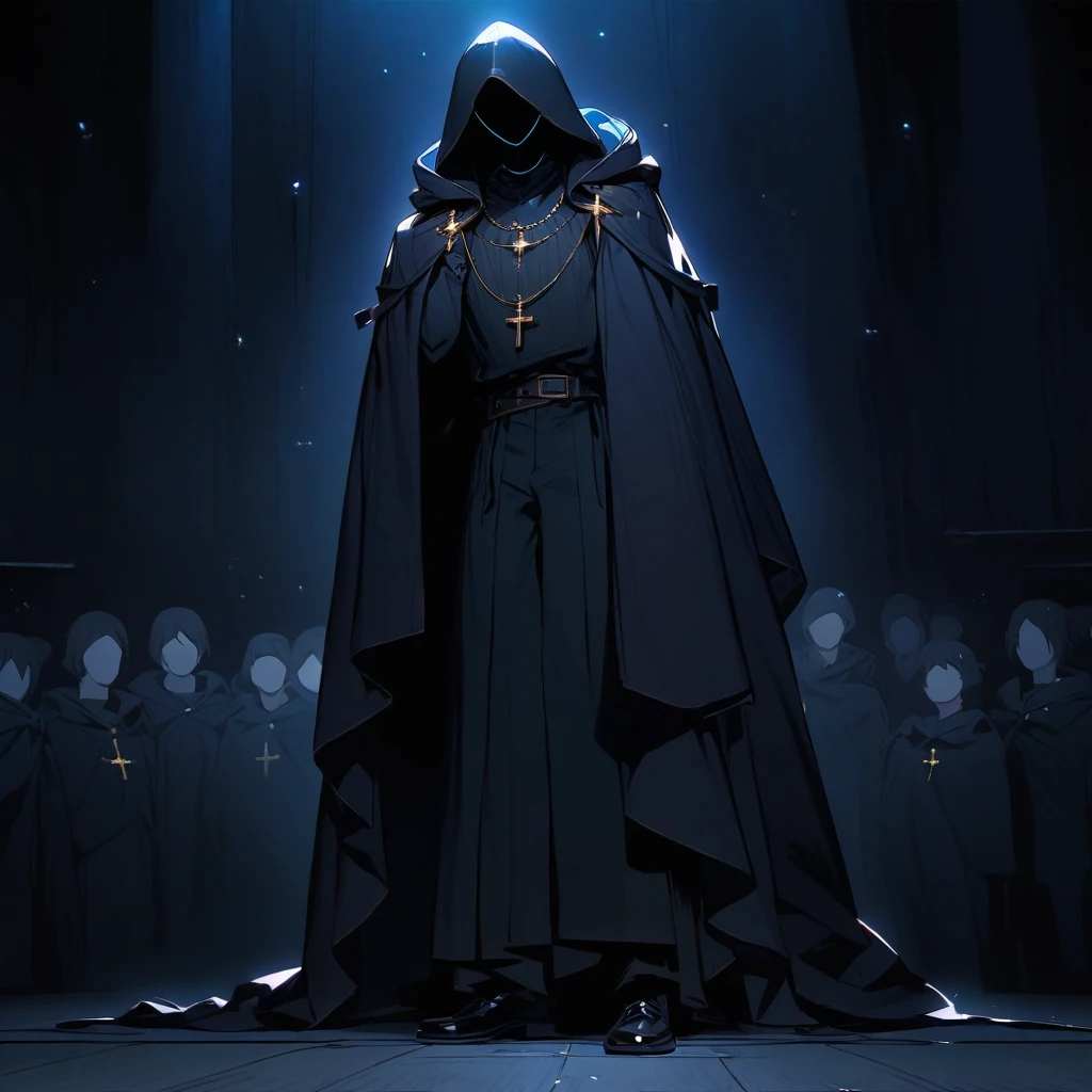 (Well done:1) man, long, straight black hair that covers one of the eyes, white eyes, necklace with a cross, black cape that covers a large part of the body with a hood, black pants, black shoes. on the stage of a theater