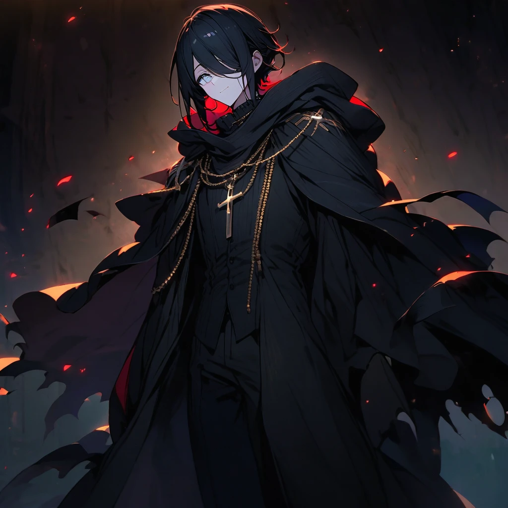 (Well done:1) man, long, straight black hair that covers one of the eyes, white eyes, necklace with a cross, black cape that covers a large part of the body with a hood, black pants, black shoes. on the stage of a theater