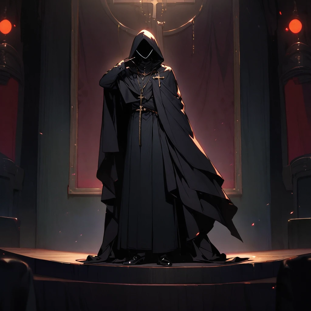 (Well done:1) man, long, straight black hair that covers one of the eyes, white eyes, necklace with a cross, black cape that covers a large part of the body with a hood, black pants, black shoes. on the stage of a theater