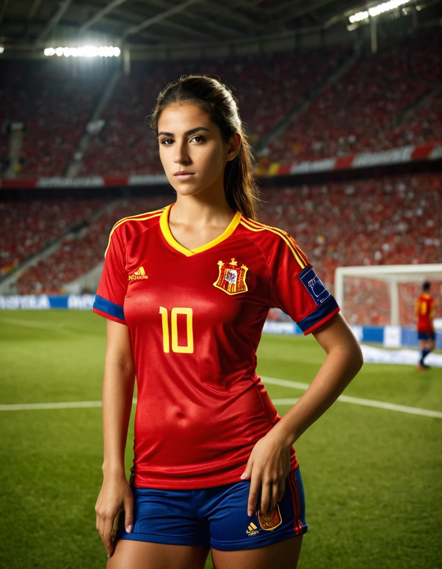 Young female soccer player, naked, with the Spanish national team shirt, ultra realistic photography, in a soccer stadium, with big breasts, canon mark 5d, low ISO, high contrast, low exposure, realistic lights, soccer. Sexy, sensuality.