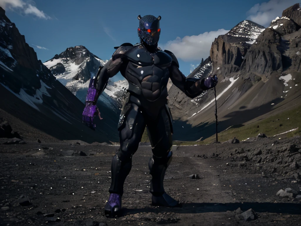 humanoid monster, body made entirely of obsidian, an obsidian mountain that came to life, dark purple eyes, background in natural environment, Clear Background, standing body.