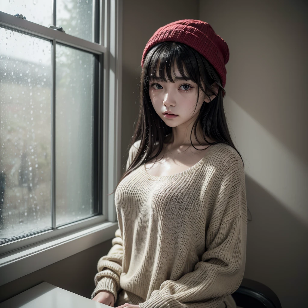 ((best qualityer)), ((work of art)), (detailded),cute japanese,((1girl)), 18-years old, ((porcelain cut white skin)),BLACK eyes,(black long wavy hair with bangs),black cat ear ,((flushed skin)),,(Alone), (a detailed full-body RAW photo of a girl), (Artwork: 1), (best quality: 1.4), (Ultra high resolution: 1.2), (photorealistic: 1.4), 8k resolution, Canon EOS R5, 50mm, Absurd, ultra detailed, sharp focus, cinematic lighting, Detailed Beautiful Face,wearing a beige sweater, sweatpants,((red cap)), looking out the window at the rain falling,(rain down in the Windows),rainy day,looking at the window 