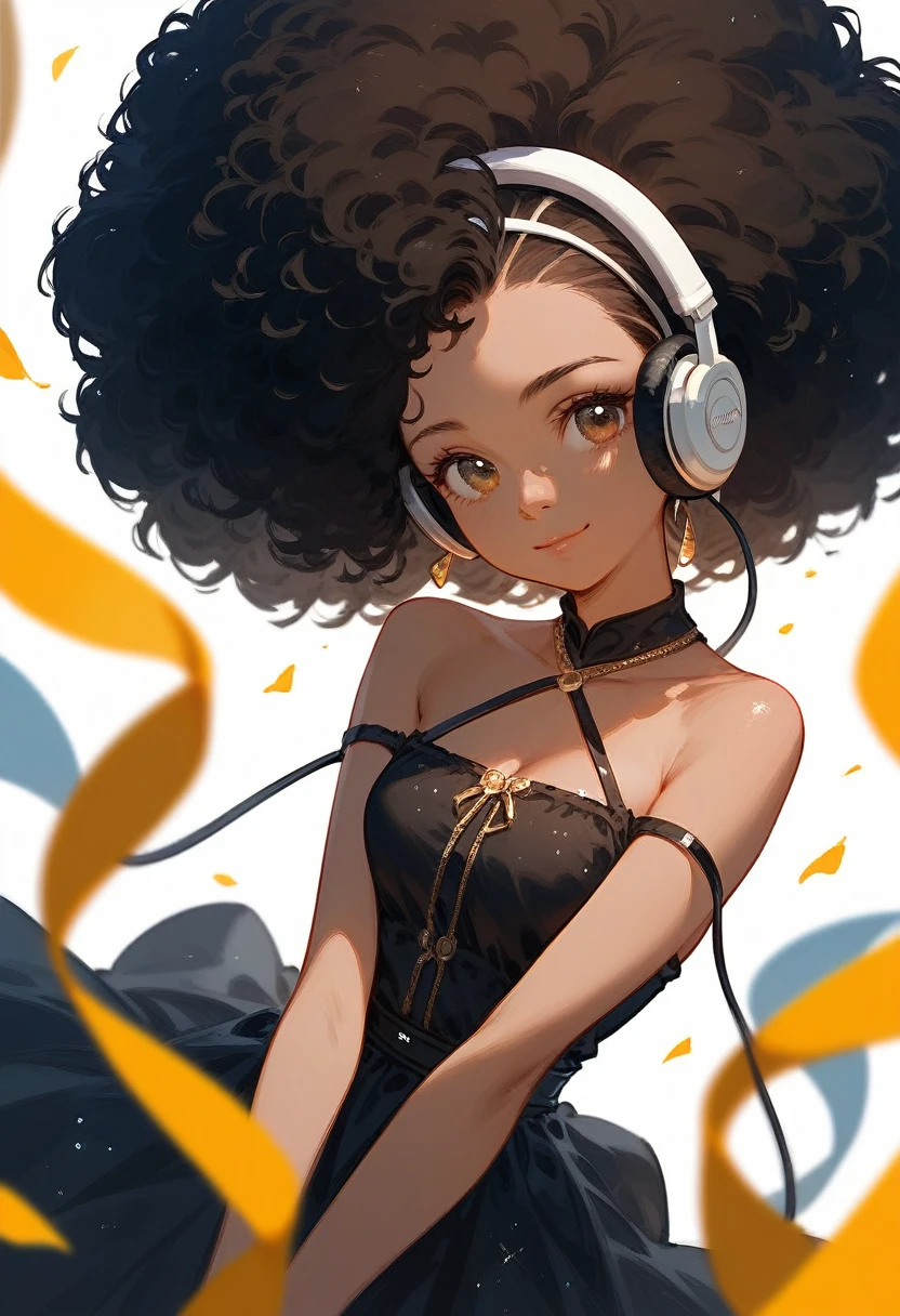 (score_9,score_8_up,score_7_up),1girl,girl caramel,full Afro black hair,eyes,headphones,cute,black dress,beautiful_face,