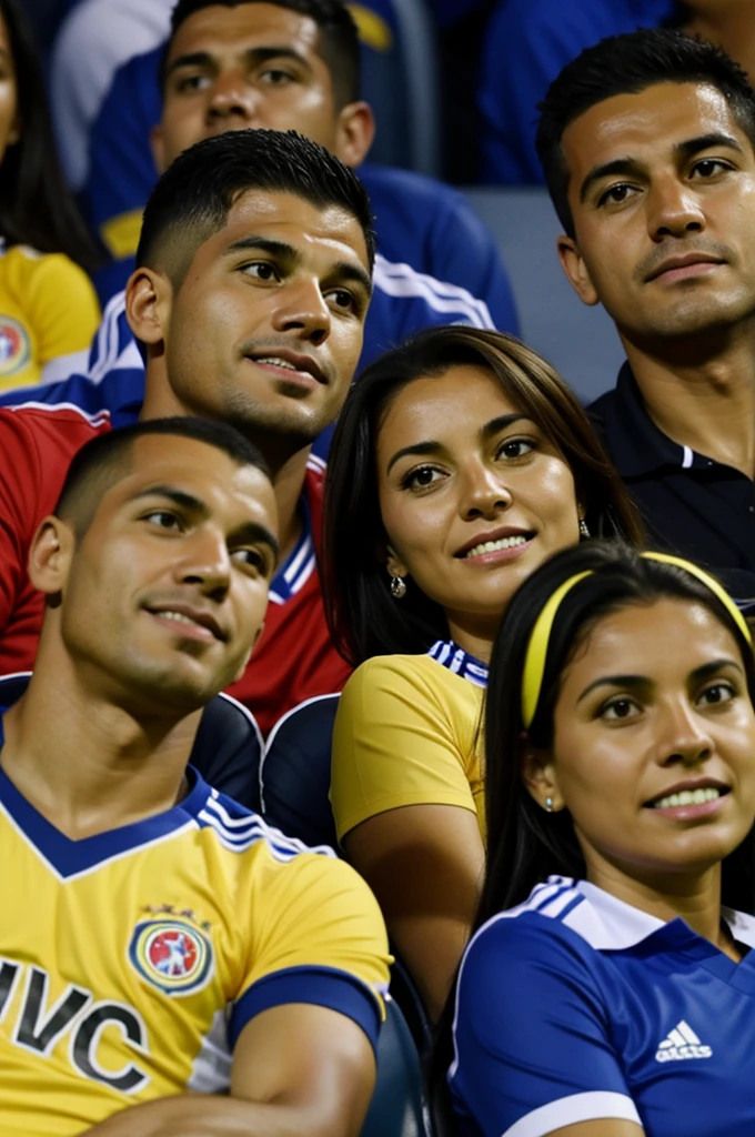 Husband and wife watching Colombian soccer game, the man's shirt with the name Álvaro and the woman's shirt with the name Alejandra